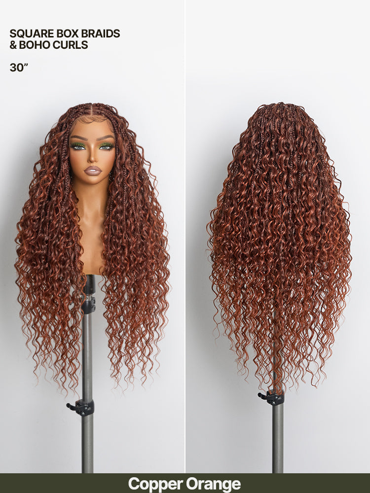 Élorvane Fiber Full Lace Boho Braids Synthetic Box Braid Wig – Grid-Part Top with Mixed Boho Curls