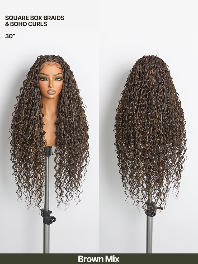 Élorvane Fiber Full Lace Boho Braids Synthetic Box Braid Wig – Grid-Part Top with Mixed Boho Curls