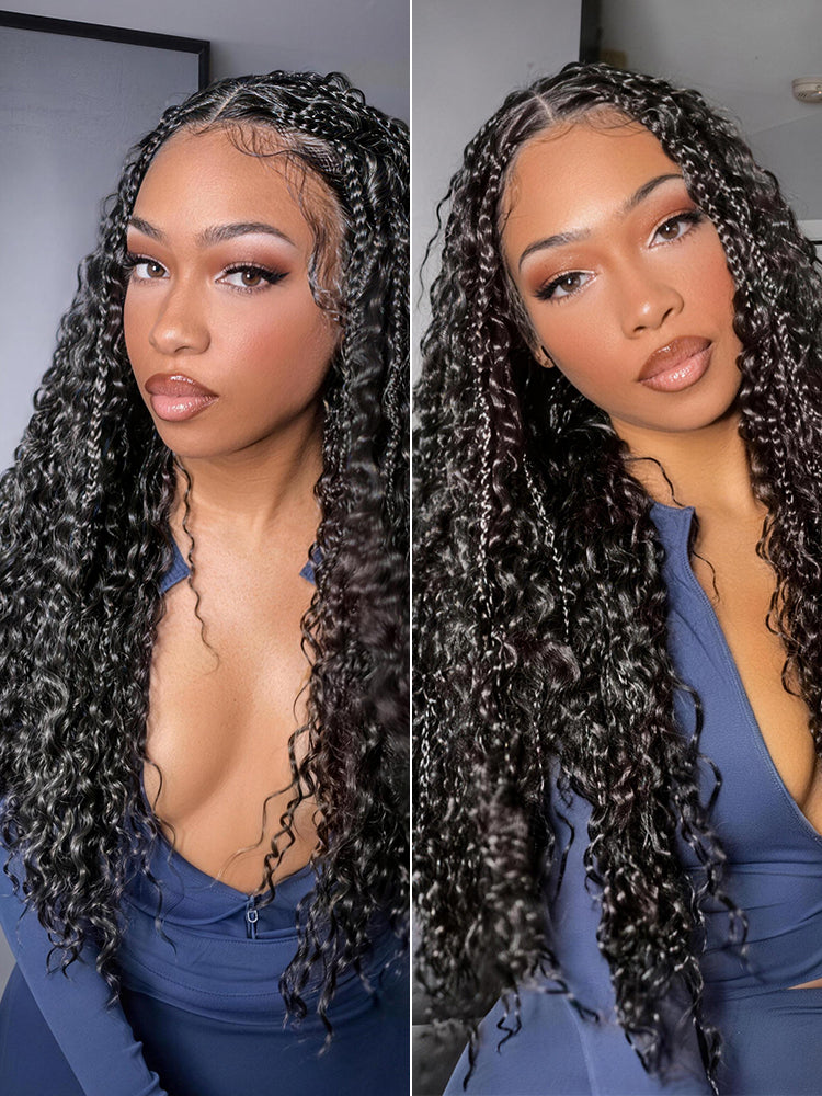 Élorvane Fiber Full Lace Boho Braids Synthetic Box Braid Wig – Grid-Part Top with Mixed Boho Curls
