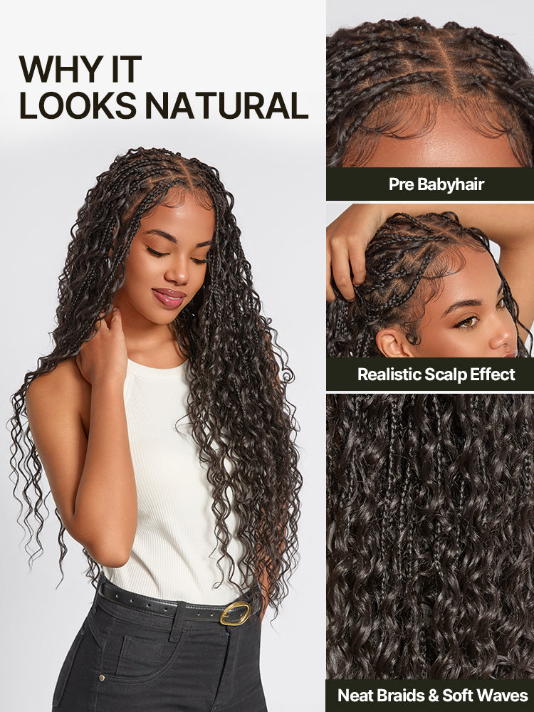 Élorvane Fiber Full Lace Boho Braids Synthetic Box Braid Wig – Grid-Part Top with Mixed Boho Curls