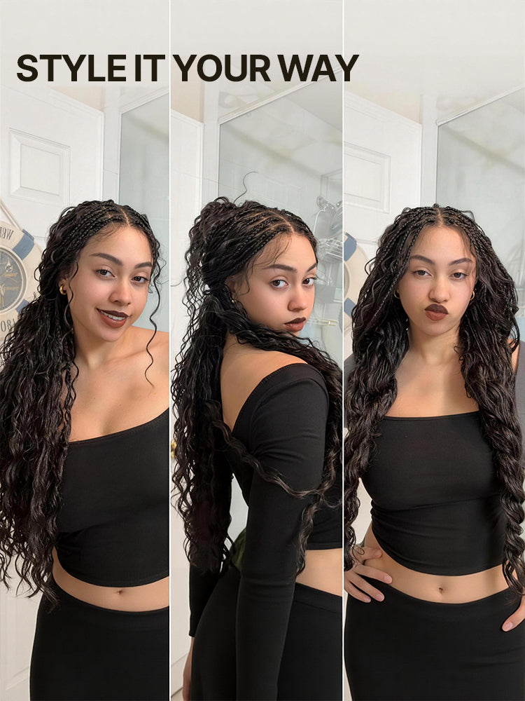 Élorvane Fiber Full Lace Boho Braids Synthetic Box Braid Wig – Grid-Part Top with Mixed Boho Curls
