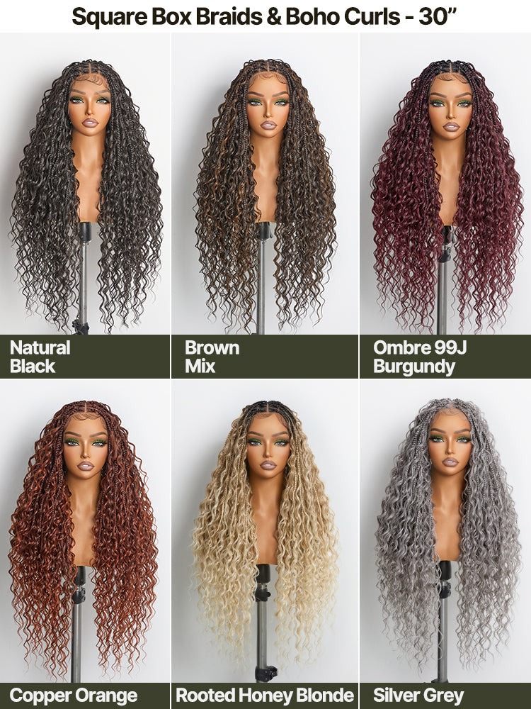 Élorvane Fiber Full Lace Boho Braids Synthetic Box Braid Wig – Grid-Part Top with Mixed Boho Curls