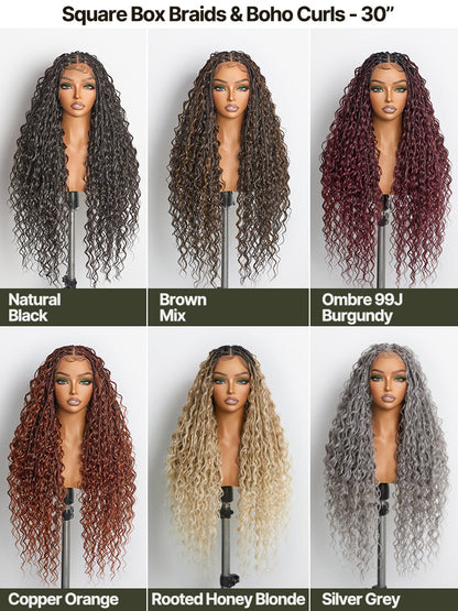 Élorvane Fiber Full Lace Boho Braids Synthetic Box Braid Wig – Grid-Part Top with Mixed Boho Curls