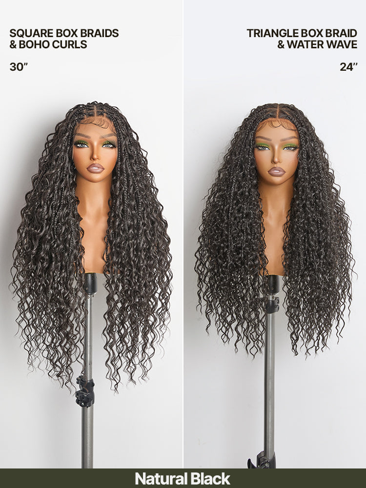 Élorvane Fiber Full Lace Boho Braids Synthetic Box Braid Wig – Grid-Part Top with Mixed Boho Curls