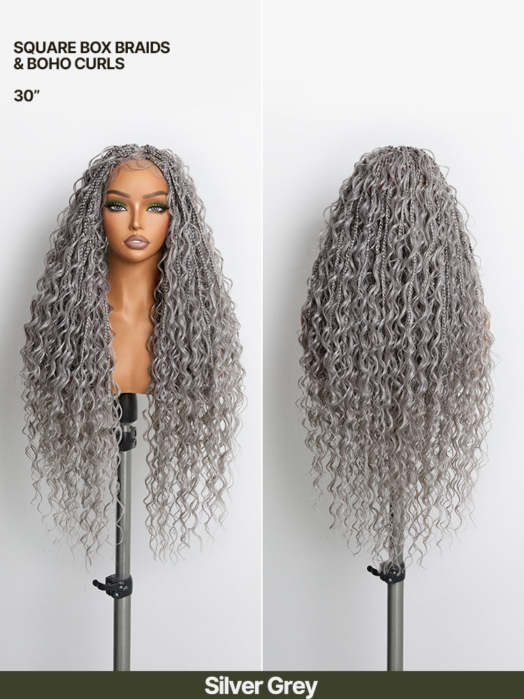 Élorvane Fiber Full Lace Boho Braids Synthetic Box Braid Wig – Grid-Part Top with Mixed Boho Curls