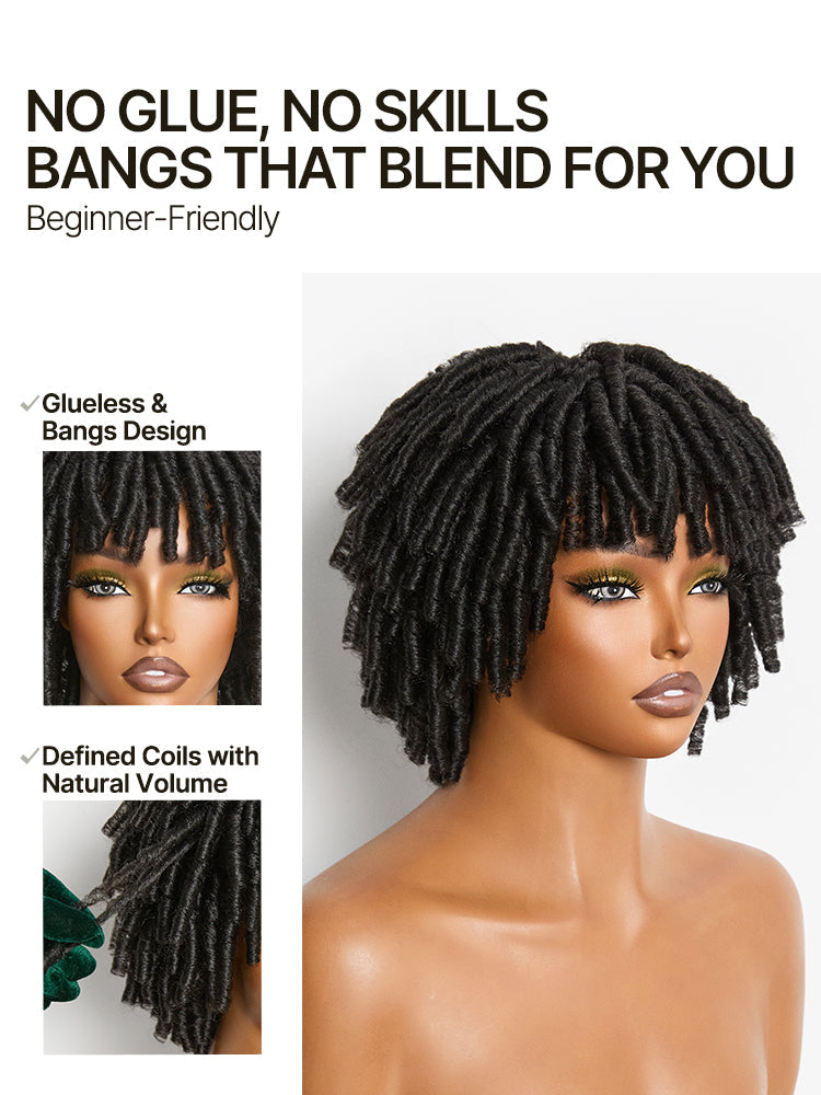 Élorvane Fiber Short Twist Dreadlocks Wig with Curly Bangs Glueless Beginner Friendly