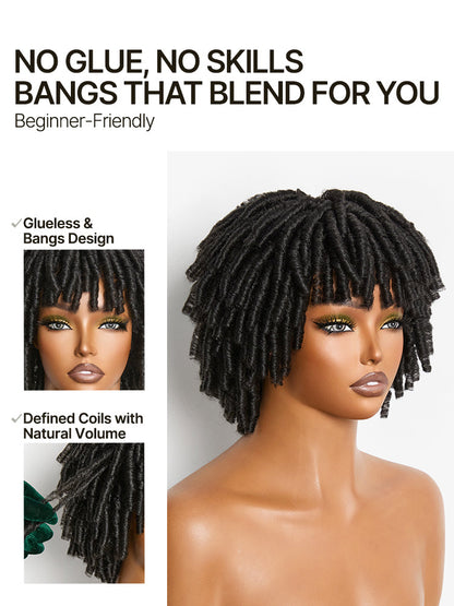 Élorvane Fiber Short Twist Dreadlocks Wig with Curly Bangs Glueless Beginner Friendly