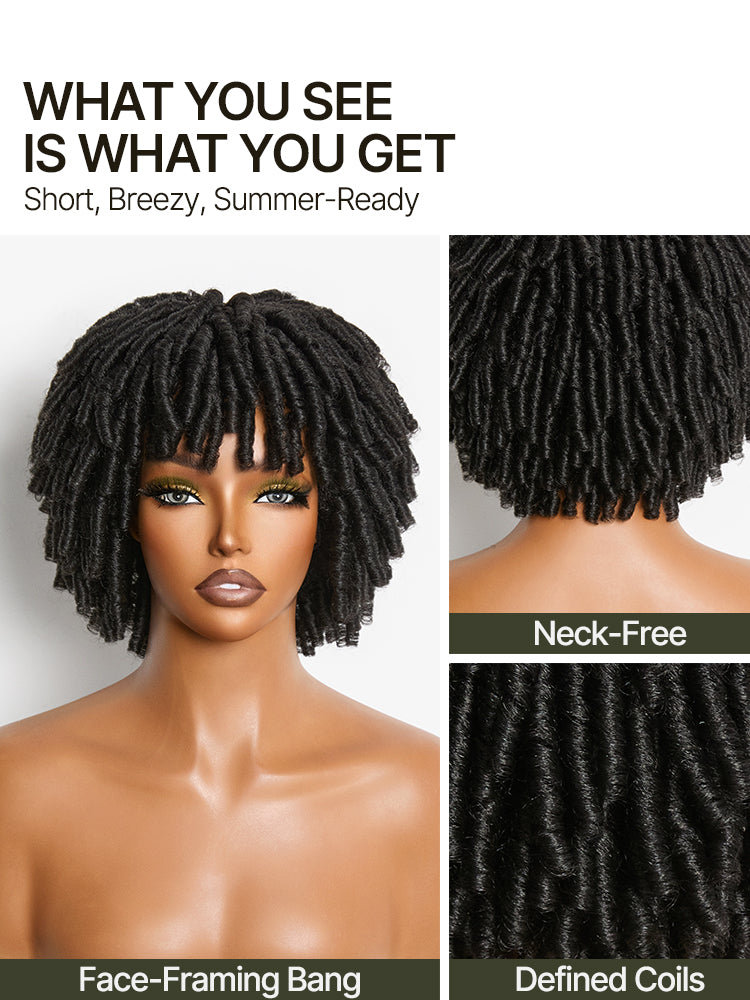 Élorvane Fiber Short Twist Dreadlocks Wig with Curly Bangs Glueless Beginner Friendly