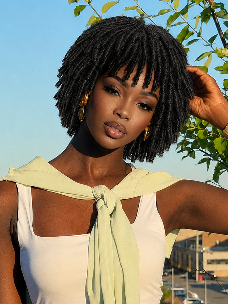 Élorvane Fiber Short Twist Dreadlocks Wig with Curly Bangs Glueless Beginner Friendly
