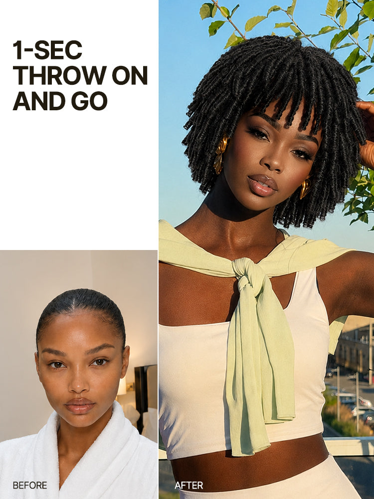 Élorvane Fiber Short Twist Dreadlocks Wig with Curly Bangs Glueless Beginner Friendly