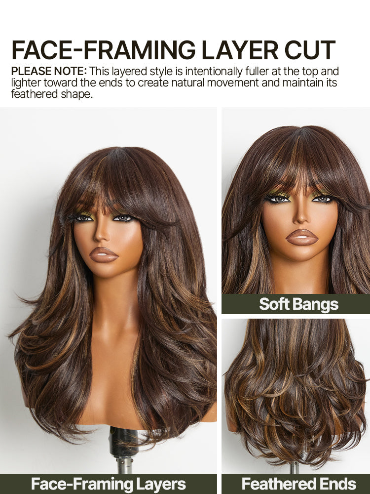 Élorvane Synthetic Fiber + Human Hair Feathered Layers Wig with Bangs Brown Highlight Glueless