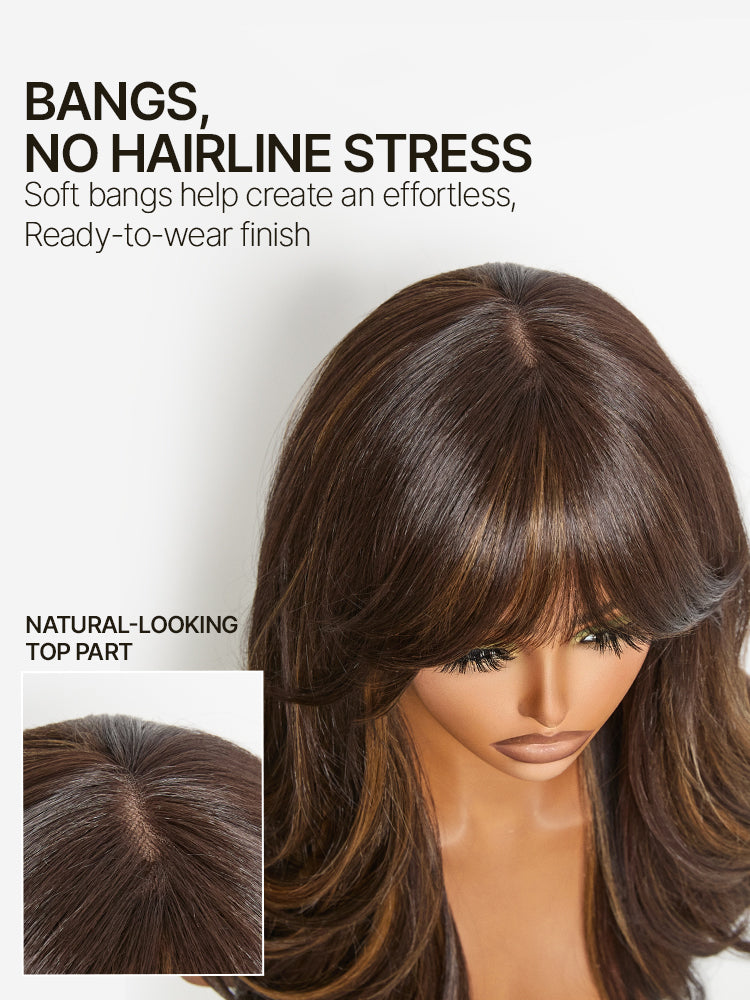Élorvane Synthetic Fiber + Human Hair Feathered Layers Wig with Bangs Brown Highlight Glueless