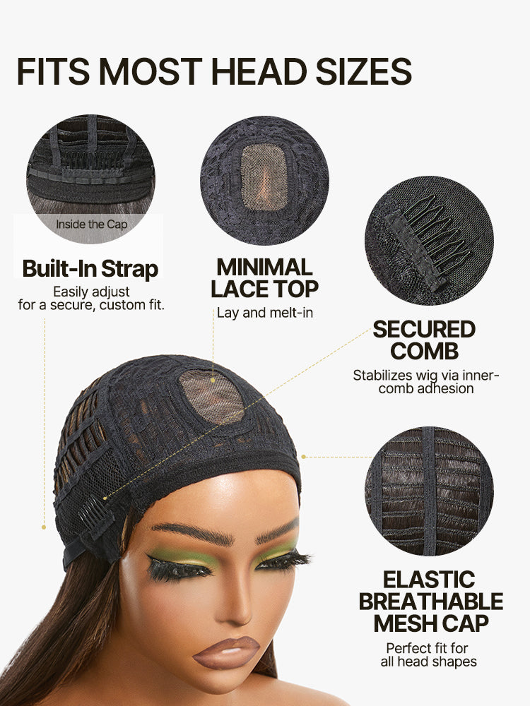 Élorvane Synthetic Fiber + Human Hair Feathered Layers Wig with Bangs Brown Highlight Glueless