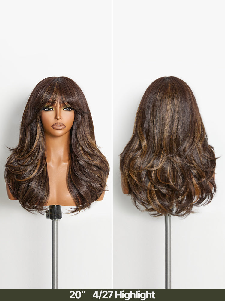 Élorvane Synthetic Fiber + Human Hair Feathered Layers Wig with Bangs Brown Highlight Glueless