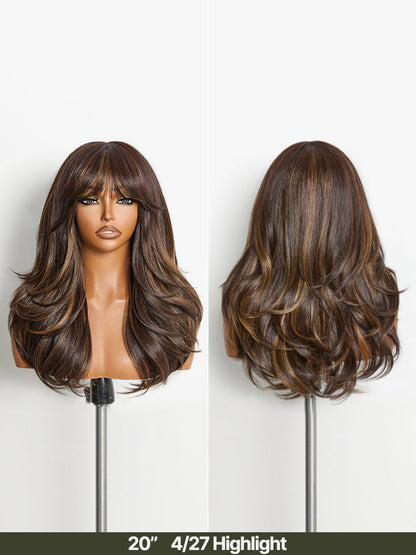 Élorvane Synthetic Fiber + Human Hair Feathered Layers Wig with Bangs Brown Highlight Glueless
