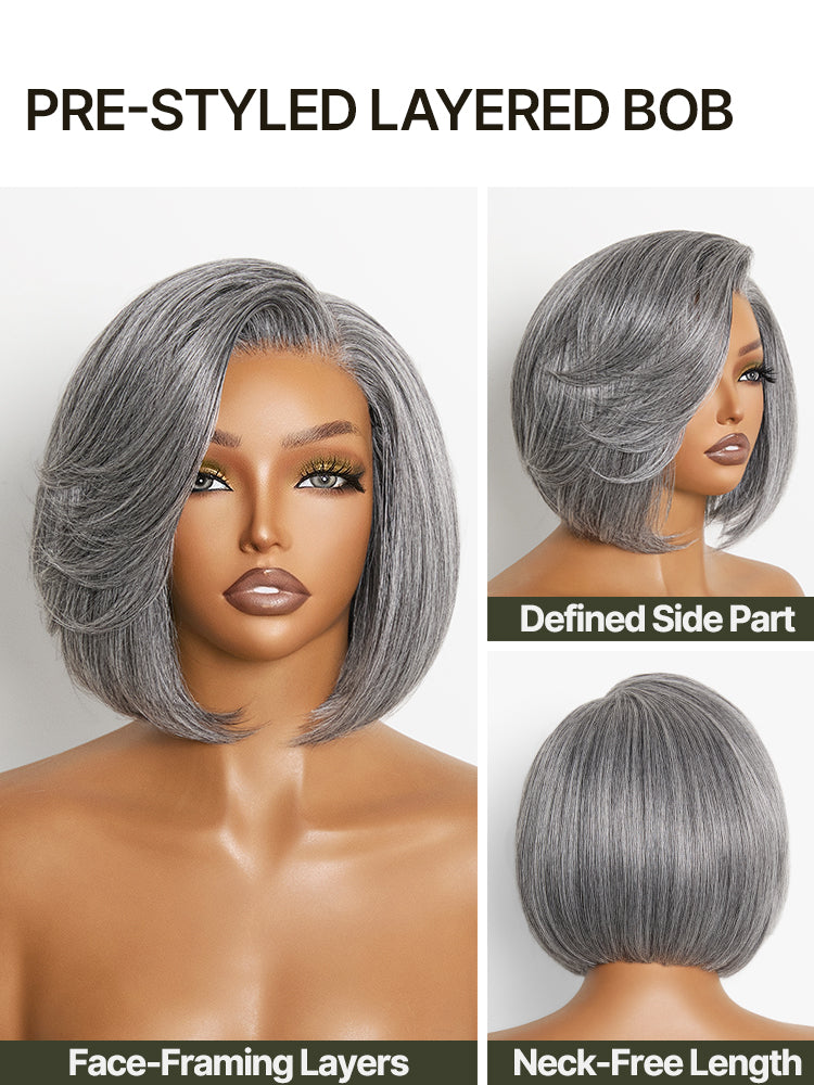 Élorvane Synthetic Fiber + Human Hair Layered Bob Wig Salt and Pepper Gray Glueless Pre-Cut Lace
