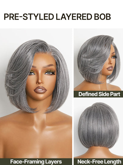 Élorvane Synthetic Fiber + Human Hair Layered Bob Wig Salt and Pepper Gray Glueless Pre-Cut Lace