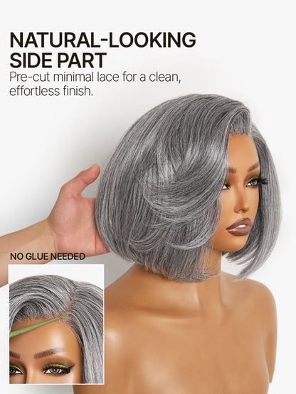 Élorvane Synthetic Fiber + Human Hair Layered Bob Wig Salt and Pepper Gray Glueless Pre-Cut Lace