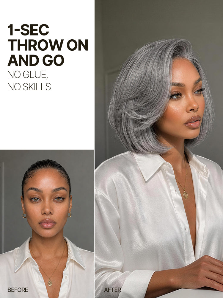 Élorvane Synthetic Fiber + Human Hair Layered Bob Wig Salt and Pepper Gray Glueless Pre-Cut Lace