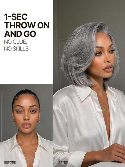 Élorvane Synthetic Fiber + Human Hair Layered Bob Wig Salt and Pepper Gray Glueless Pre-Cut Lace