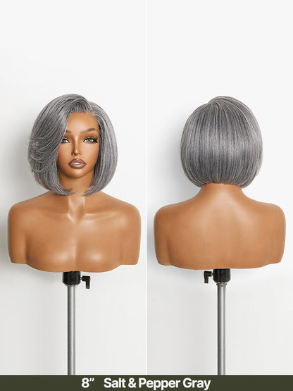 Élorvane Synthetic Fiber + Human Hair Layered Bob Wig Salt and Pepper Gray Glueless Pre-Cut Lace