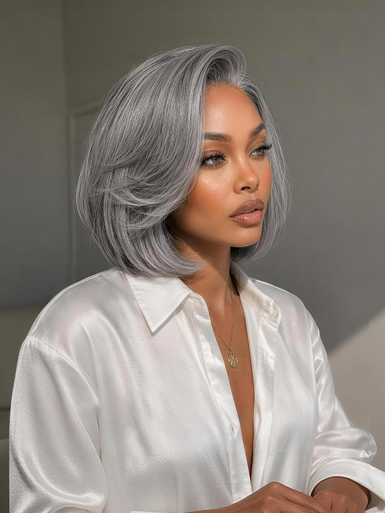 Élorvane Synthetic Fiber + Human Hair Layered Bob Wig Salt and Pepper Gray Glueless Pre-Cut Lace