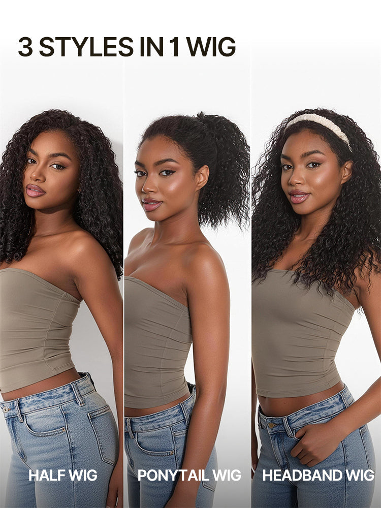 Élorvane Synthetic Fiber + Human Hair Yaki Straight Bob 3-in-1 Drawstring Half Wig Glueless