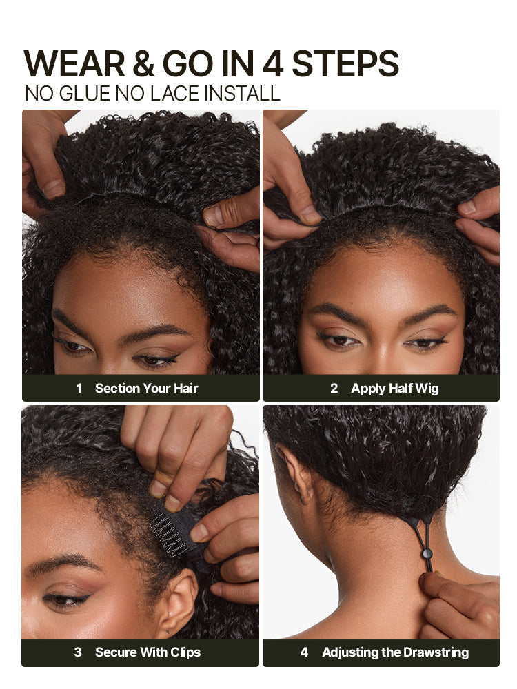 Élorvane Synthetic Fiber + Human Hair Yaki Straight Bob 3-in-1 Drawstring Half Wig Glueless