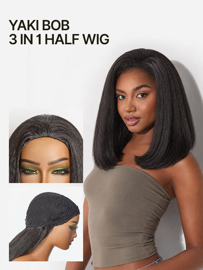 Élorvane Synthetic Fiber + Human Hair Yaki Straight Bob 3-in-1 Drawstring Half Wig Glueless