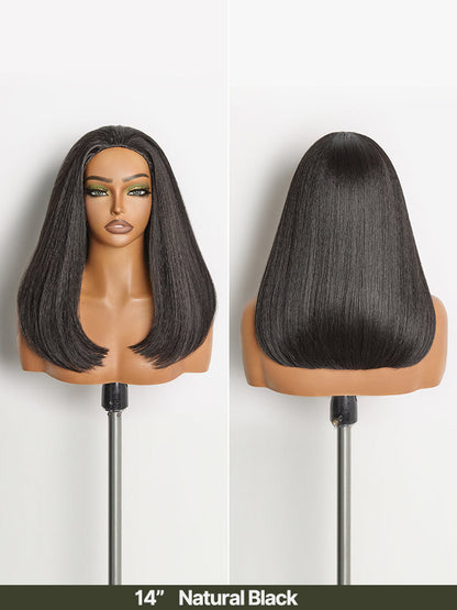 Élorvane Synthetic Fiber + Human Hair Yaki Straight Bob 3-in-1 Drawstring Half Wig Glueless