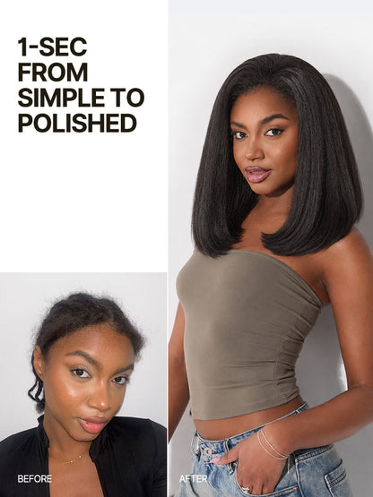 Élorvane Synthetic Fiber + Human Hair Yaki Straight Bob 3-in-1 Drawstring Half Wig Glueless