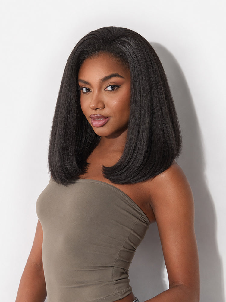 Élorvane Synthetic Fiber + Human Hair Yaki Straight Bob 3-in-1 Drawstring Half Wig Glueless