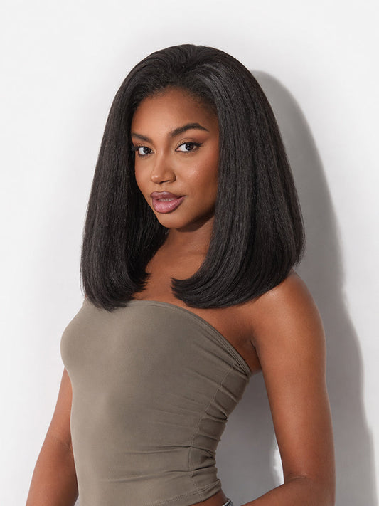 Élorvane Synthetic Fiber + Human Hair Yaki Straight Bob 3-in-1 Drawstring Half Wig Glueless
