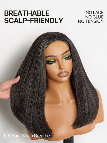 Élorvane Synthetic Fiber + Human Hair Yaki Straight Bob 3-in-1 Drawstring Half Wig Glueless