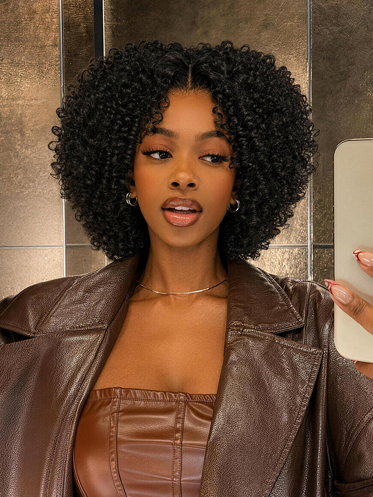 Élorvane Synthetic Fiber + Human Hair Short Jerry Curly Drawstring Wig Pre-Cut Lace Glueless