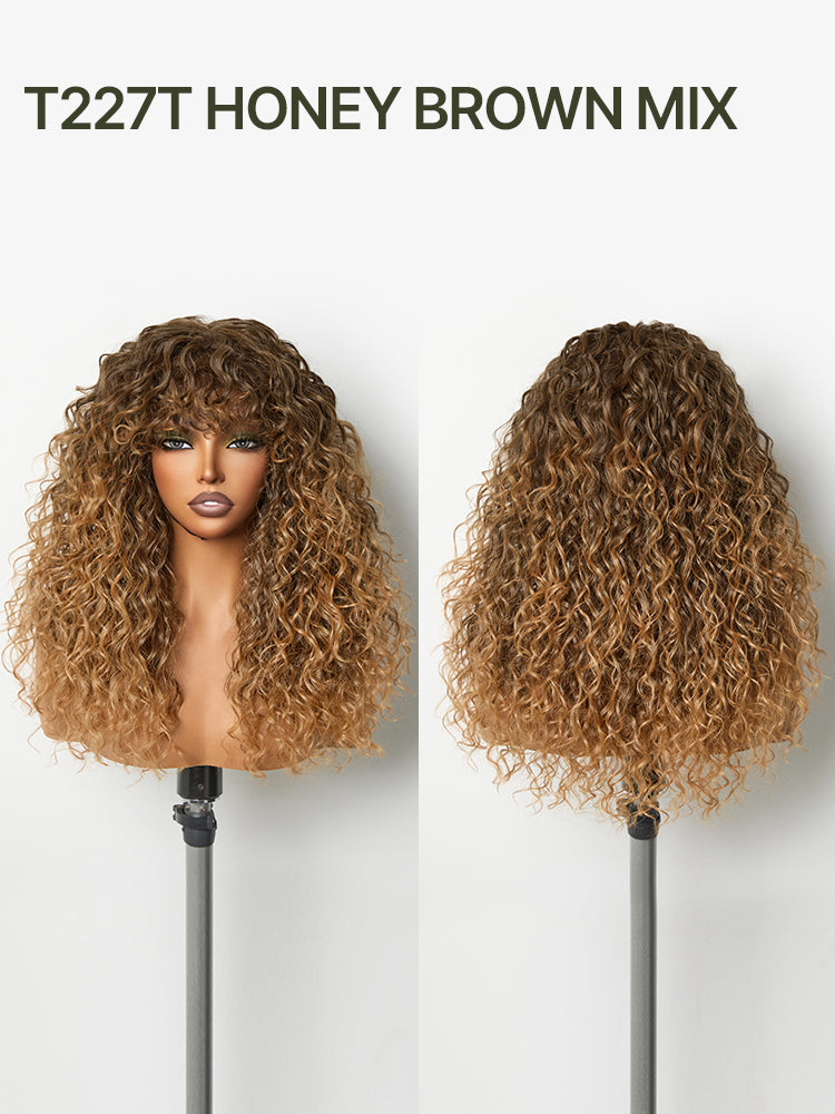 Élorvane Synthetic Fiber + Human Hair Boho Curly Wig with Bangs Effortless Shaggy Waves Put on and Go