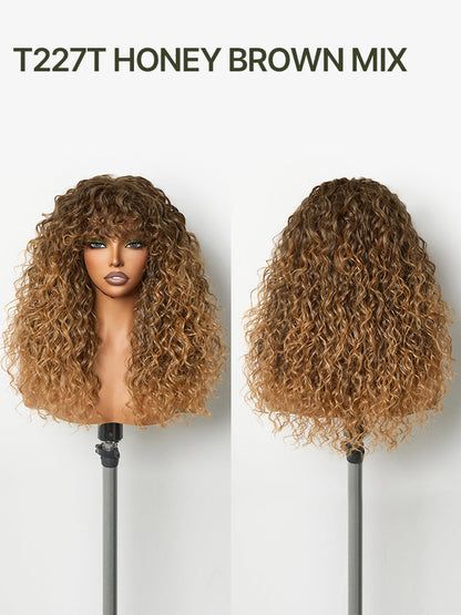 Élorvane Synthetic Fiber + Human Hair Boho Curly Wig with Bangs Effortless Shaggy Waves Put on and Go
