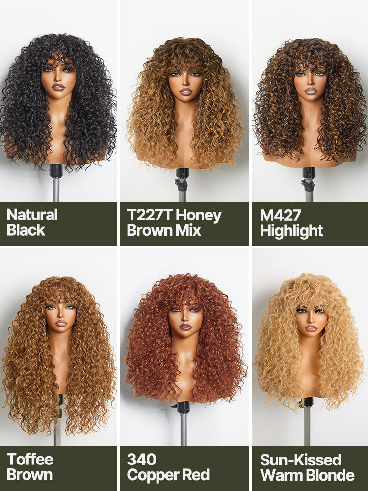Élorvane Synthetic Fiber + Human Hair Boho Curly Wig with Bangs Effortless Shaggy Waves Put on and Go